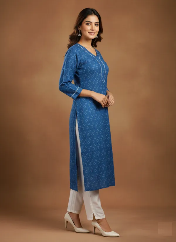 Indigo_Block_Print_Cotton_Kurta_With_V-Neck