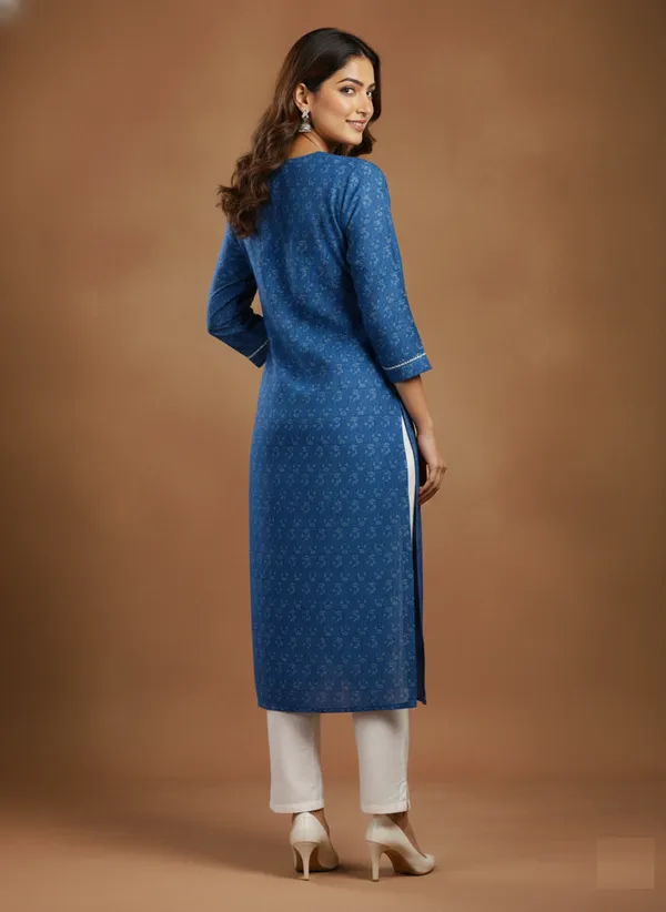 Indigo_Block_Print_Cotton_Kurta_With_V-Neck