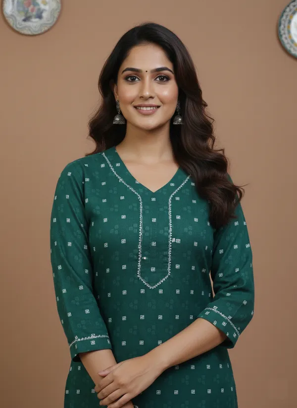 Emerald_Green_Printed_Cotton_V-Neck_Kurta