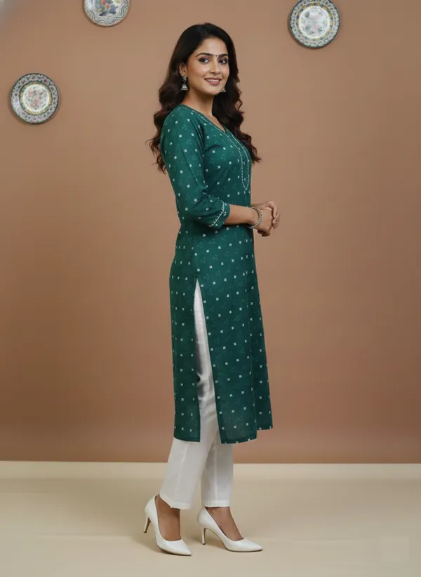 Emerald_Green_Printed_Cotton_V-Neck_Kurta