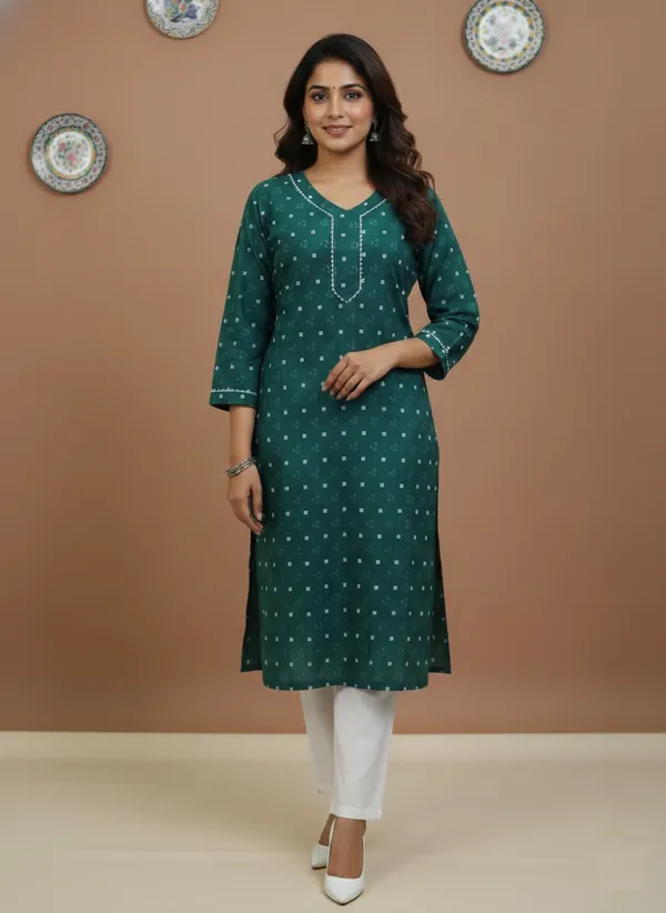 Emerald_Green_Printed_Cotton_V-Neck_Kurta