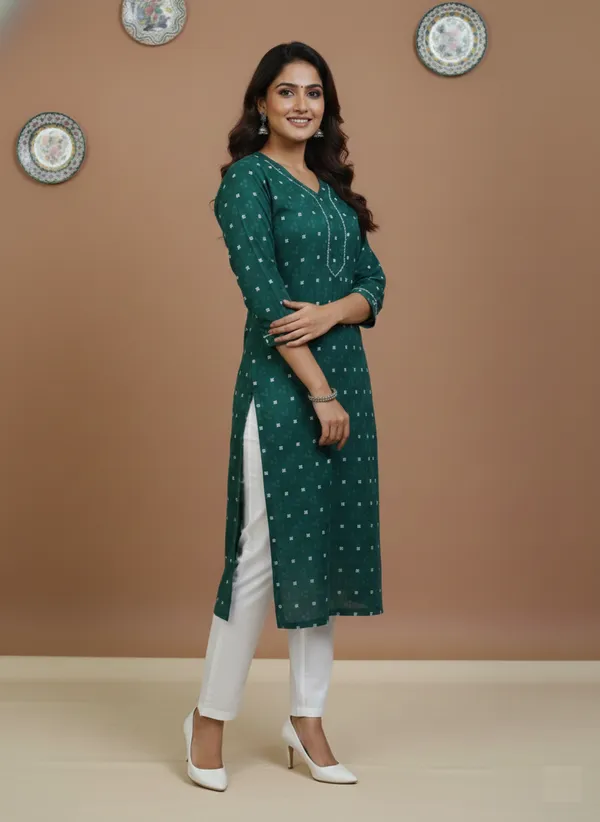 Emerald_Green_Printed_Cotton_V-Neck_Kurta