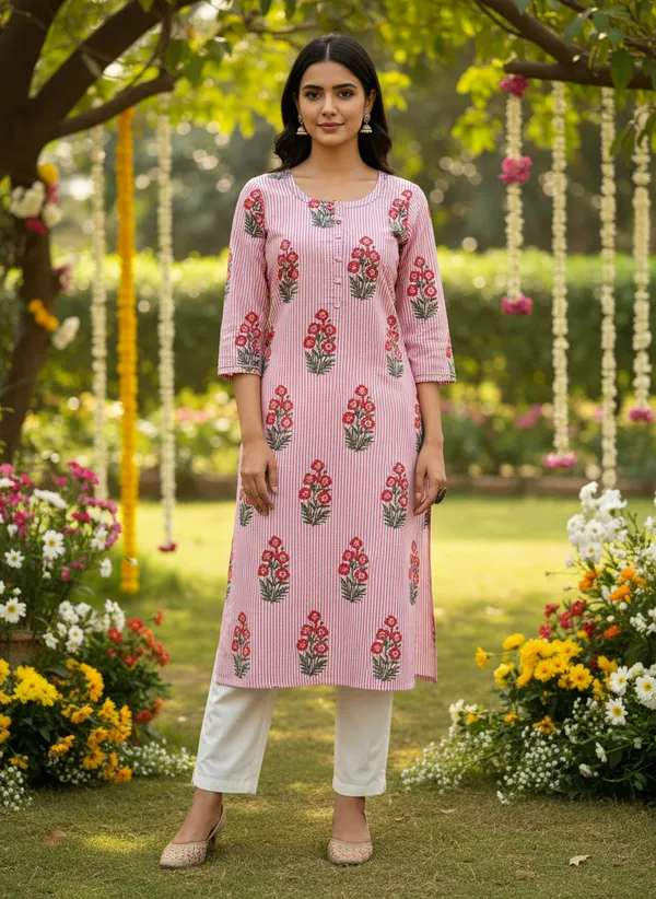Pack_Of_3_Womens_Cotton_Printed_Straight_Kurta_Combo_-_Pink_Chevron,_Yellow_Floral,_And_Blush_Pink_Butta_Prints
