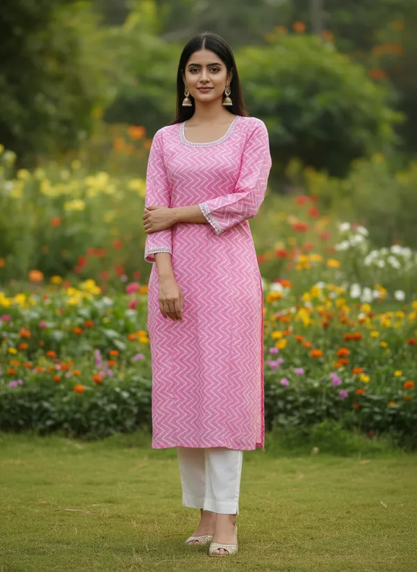 Pack_Of_3_Womens_Cotton_Printed_Straight_Kurta_Combo_-_Pink_Chevron,_Yellow_Floral,_And_Blush_Pink_Butta_Prints