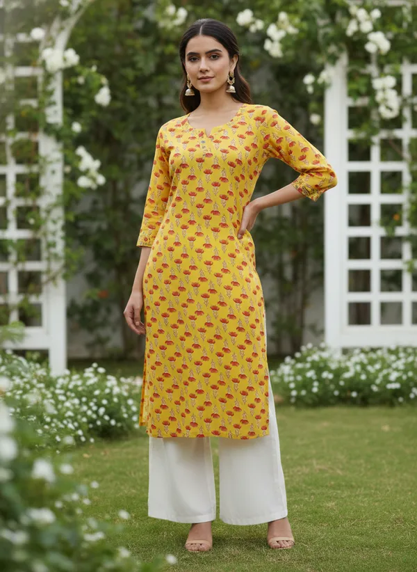 Sunshine_Yellow_Floral_Print_Straight_Cotton_Kurta