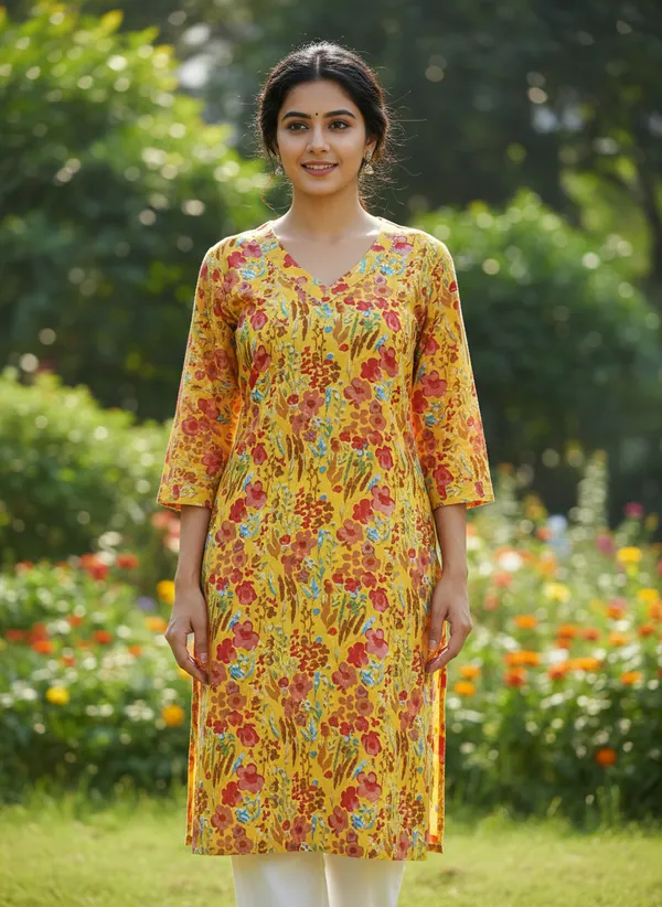 Mustard_Floral_Printed_V-Neck_Cotton_Kurta