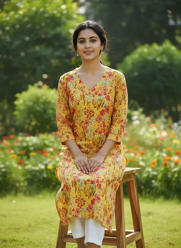 Mustard_Floral_Printed_V-Neck_Cotton_Kurta