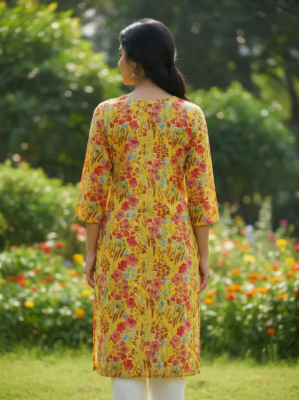 Mustard_Floral_Printed_V-Neck_Cotton_Kurta