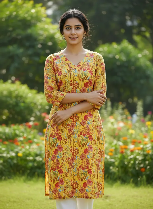 Mustard_Floral_Printed_V-Neck_Cotton_Kurta