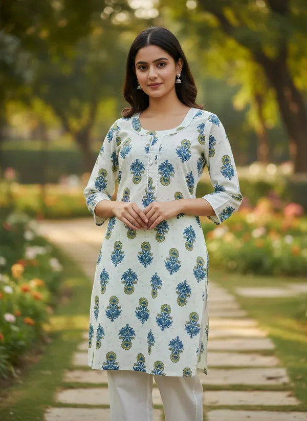 The_Artisanal_Summer_Trio:_Set_Of_3_Handblock-Inspired_Cotton_Kurtas_In_Refreshing_Pastels_And_Vibrant_Prints