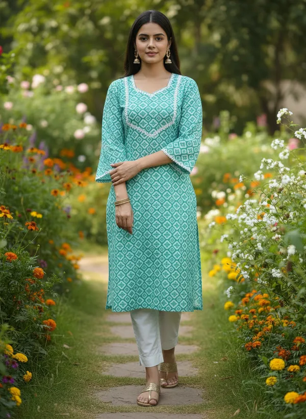 The_Artisanal_Summer_Trio:_Set_Of_3_Handblock-Inspired_Cotton_Kurtas_In_Refreshing_Pastels_And_Vibrant_Prints