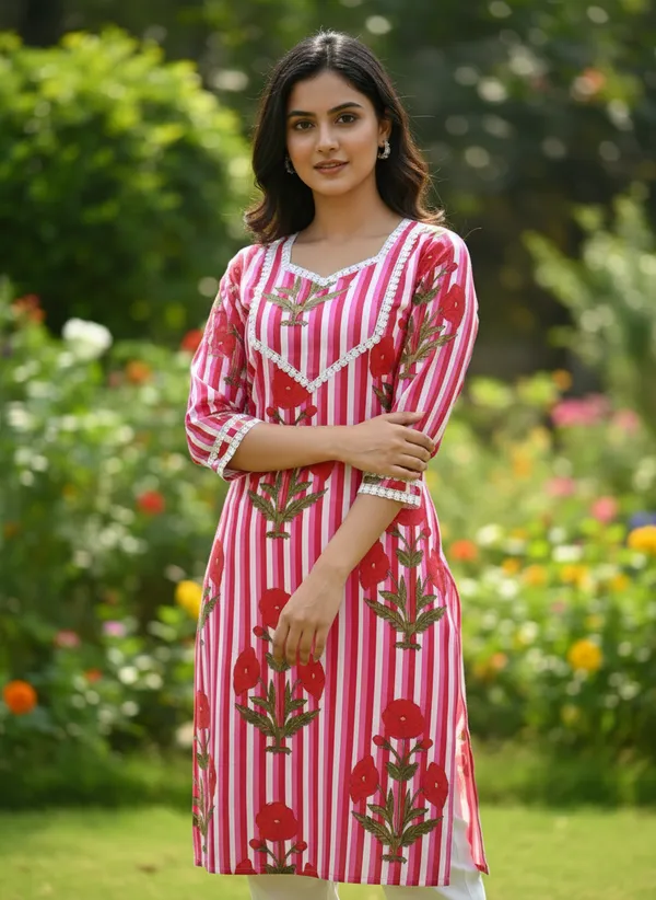 The_Artisanal_Summer_Trio:_Set_Of_3_Handblock-Inspired_Cotton_Kurtas_In_Refreshing_Pastels_And_Vibrant_Prints