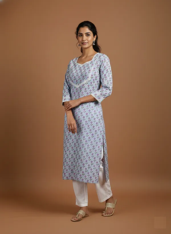 Powder_Blue_Floral_Cotton_Lace_V-Neck_Kurta