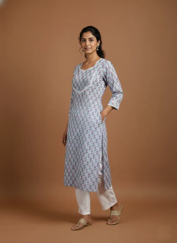 Powder_Blue_Floral_Cotton_Lace_V-Neck_Kurta