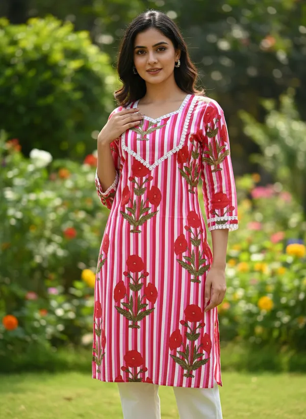 Pink_Striped_Floral_Cotton_Quarter-Sleeve_Kurta