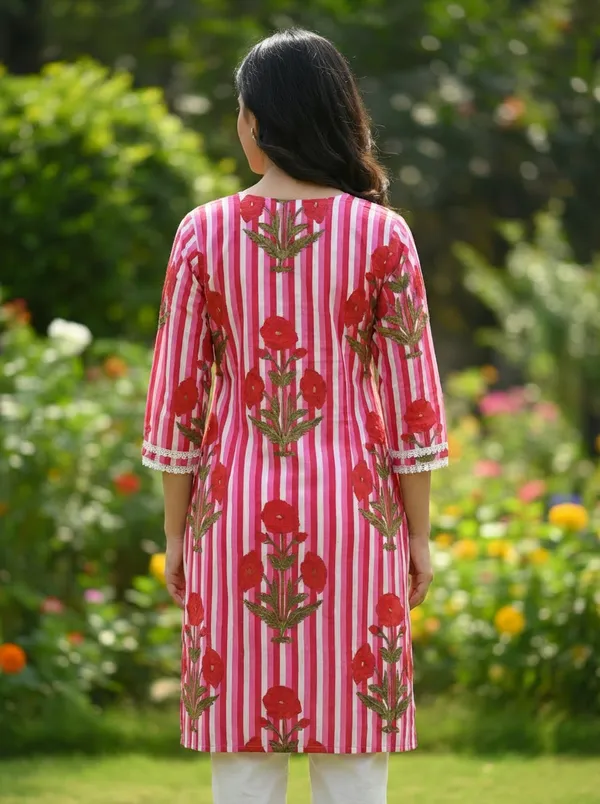 Pink_Striped_Floral_Cotton_Quarter-Sleeve_Kurta