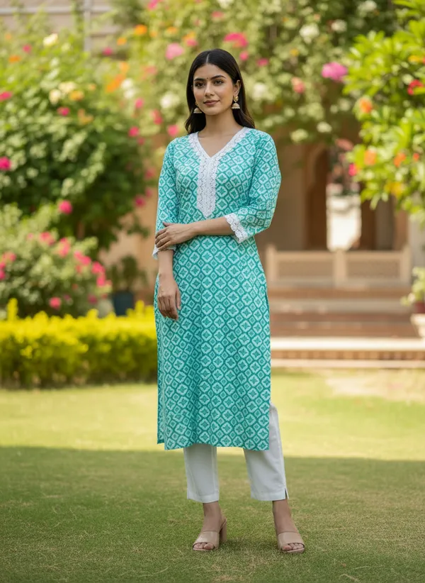Womens_Cotton_Floral_Print_Kurta_Combo_(Pack_Of_3)_-_Teal,_Emerald_&_Forest_Green_Ethnic_Tunic_Set_With_Lace_Detailing