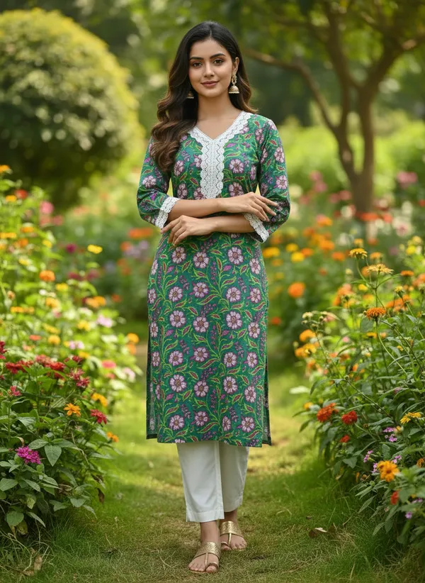 Womens_Cotton_Floral_Print_Kurta_Combo_(Pack_Of_3)_-_Teal,_Emerald_&_Forest_Green_Ethnic_Tunic_Set_With_Lace_Detailing
