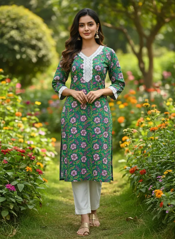 Green_Floral_Block_Print_V-Neck_Kurta