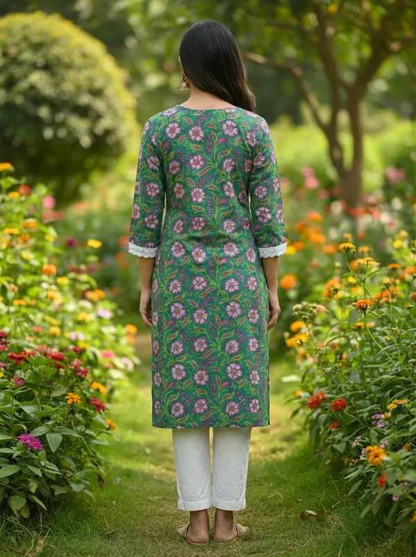 Green_Floral_Block_Print_V-Neck_Kurta