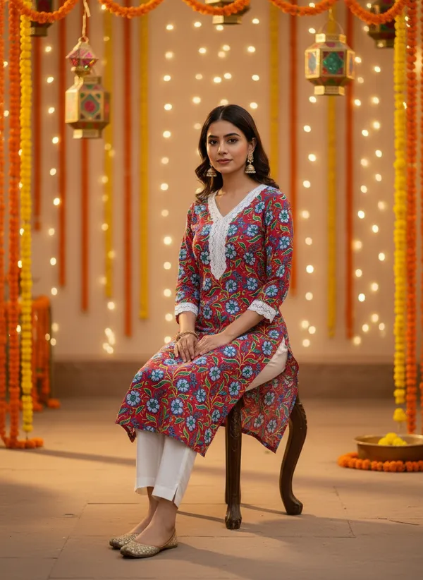 Red_Floral_Print_Cotton_Kurta_With_White_Lace