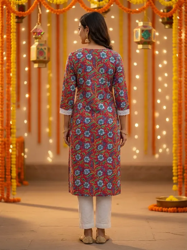 Red_Floral_Print_Cotton_Kurta_With_White_Lace