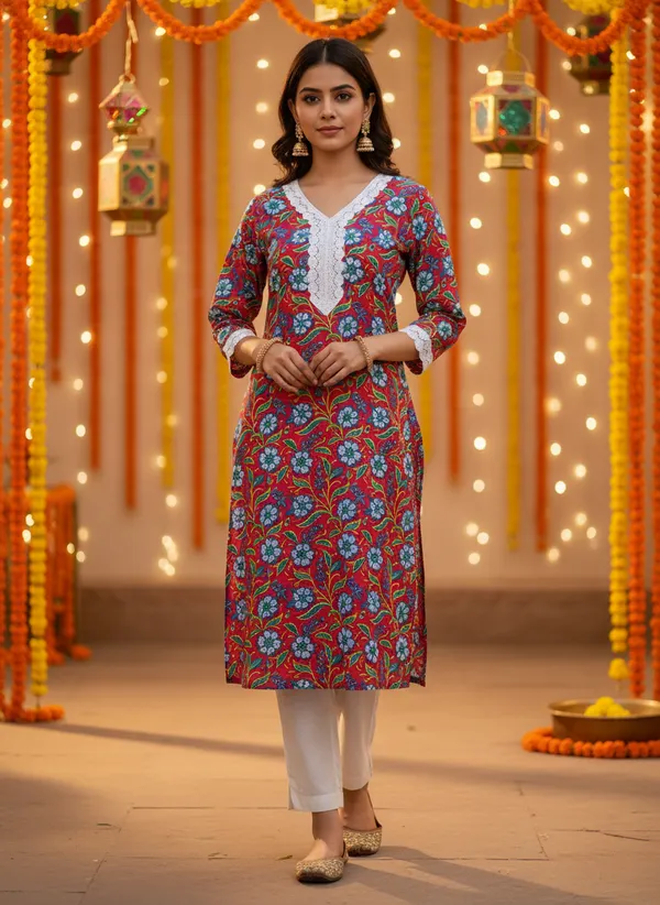 Red_Floral_Print_Cotton_Kurta_With_White_Lace