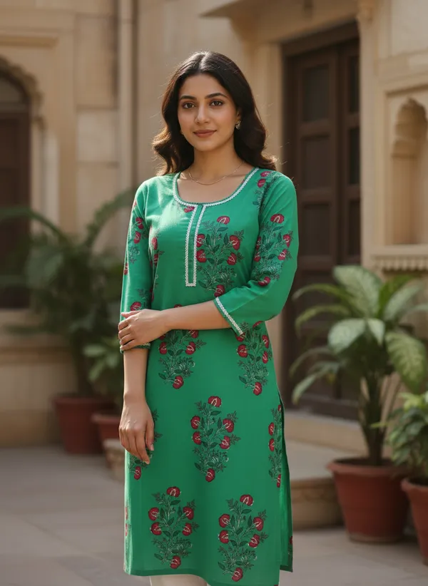 Pack_Of_3_Womens_Floral_Print_Cotton_Straight_Kurtas_In_Green,_Blue,_And_Red