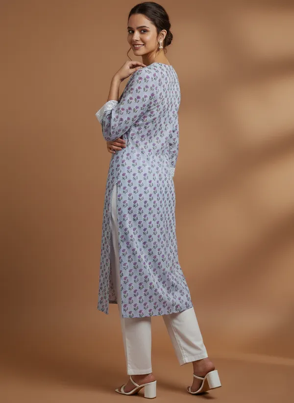 Lavender_Block_Print_Kurta_With_V-Neck_Lace