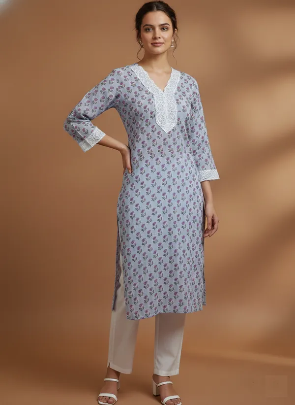 Lavender_Block_Print_Kurta_With_V-Neck_Lace