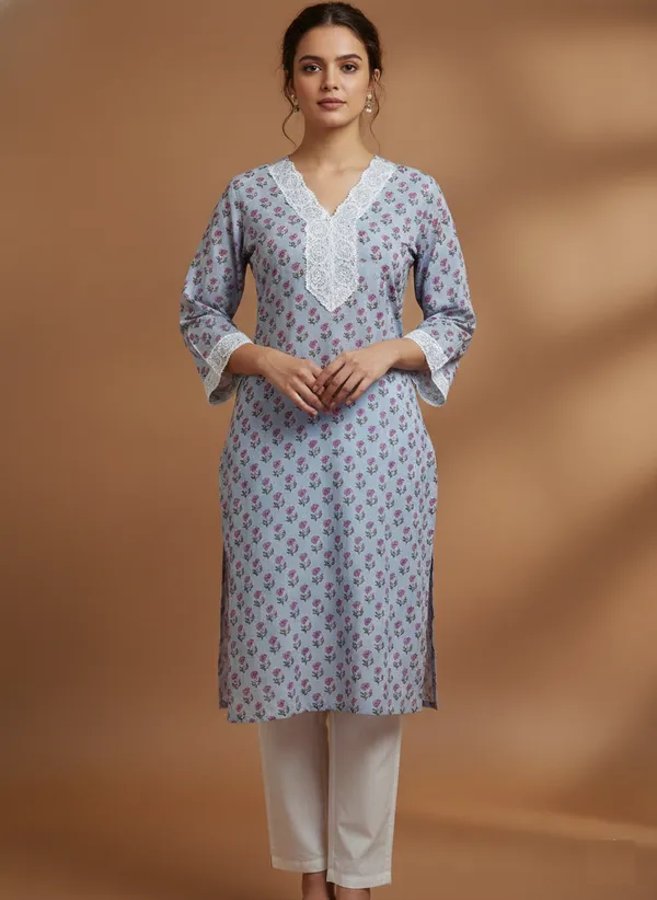 Lavender_Block_Print_Kurta_With_V-Neck_Lace