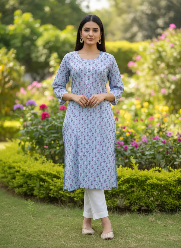 Sky_Blue_Block_Print_Cotton_Kurta