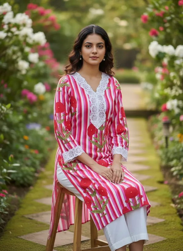 Pink_Striped_Floral_Embroidered_Cotton_V-Neck_Kurta