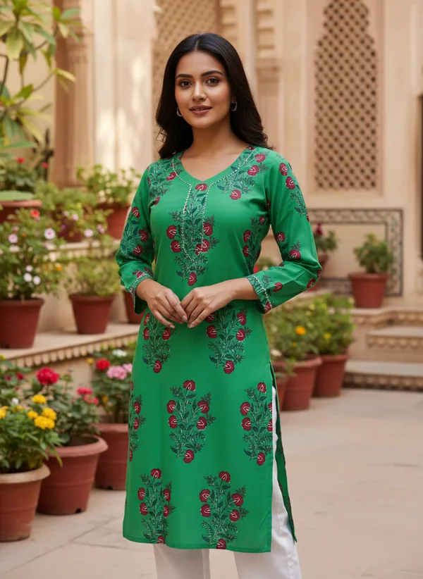 Emerald_Green_Floral_Printed_Rayon_Kurta
