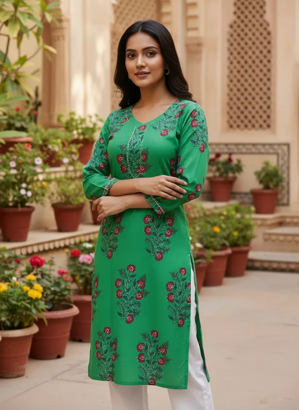 Emerald_Green_Floral_Printed_Rayon_Kurta