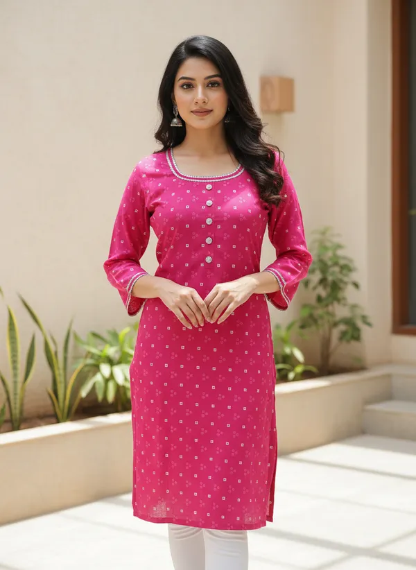 Vibrant_Pink_Square_Neck_Cotton_Printed_Kurta