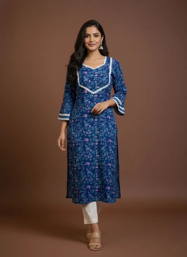 Navy_Blue_Floral_Print_Cotton_Festive_Kurta