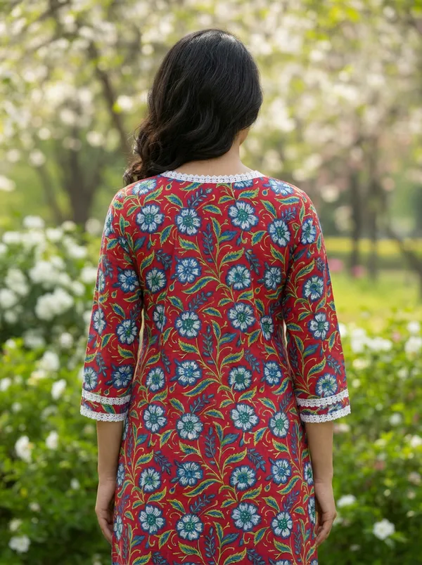 Red_Floral_Print_Cotton_Kurta_With_Lace_Detail