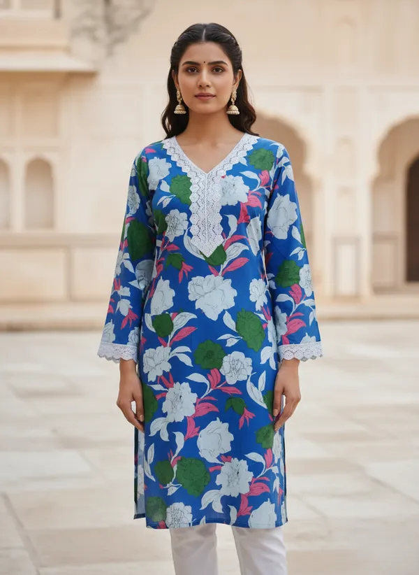 Royal_Blue_Floral_Printed_V-Neck_Cotton_Kurta