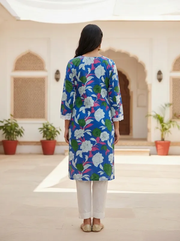 Royal_Blue_Floral_Printed_V-Neck_Cotton_Kurta