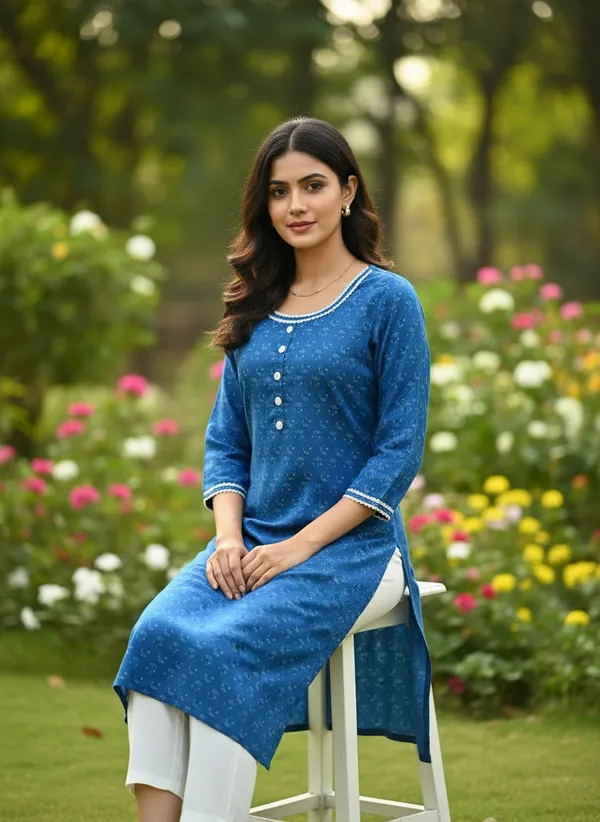 Royal_Blue_Printed_Cotton_Kurta_With_White_Lace