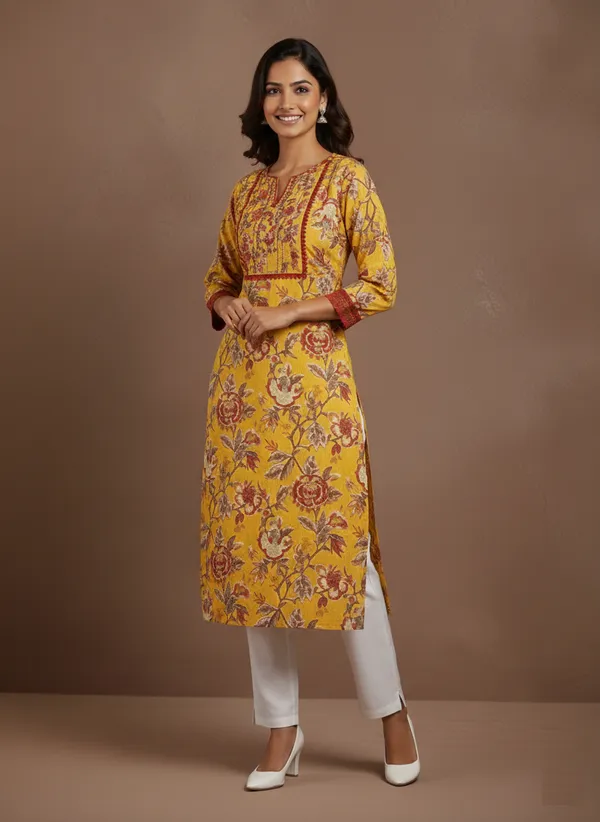 Mustard_Block_Print_Cotton_Kurta_With_Square_Neck