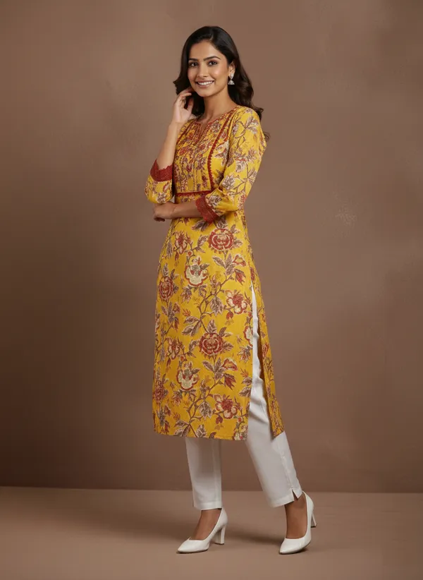 Mustard_Block_Print_Cotton_Kurta_With_Square_Neck