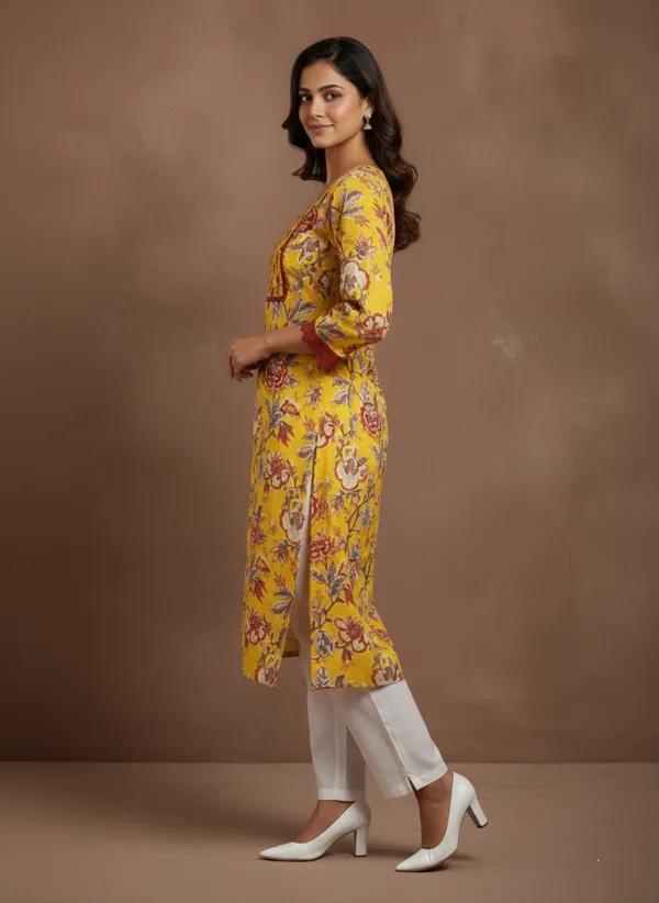 Mustard_Block_Print_Cotton_Kurta_With_Square_Neck