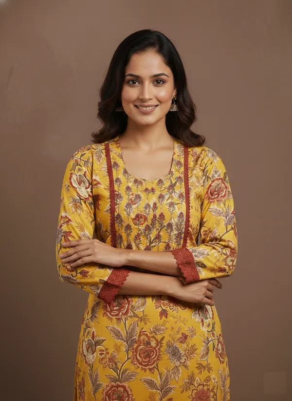 Mustard_Block_Print_Cotton_Kurta_With_Square_Neck
