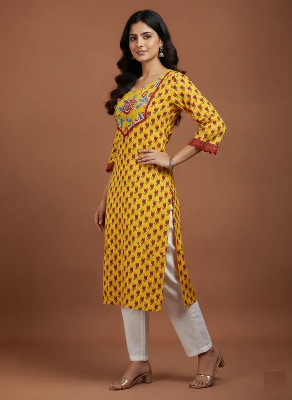 Mustard_Floral_Print_Cotton_Ethnic_Kurta