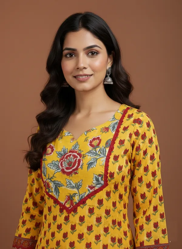 Mustard_Floral_Print_Cotton_Ethnic_Kurta