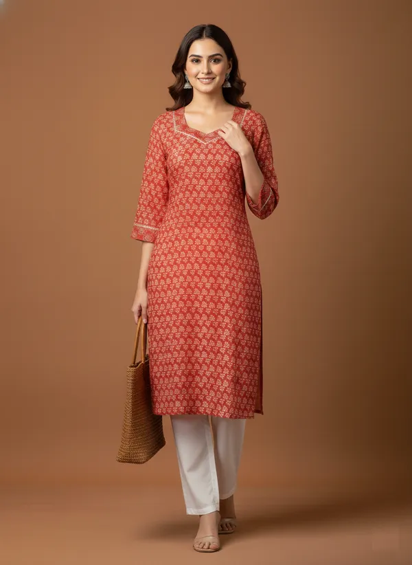 Coral_Block_Print_Cotton_V-Neck_Kurta