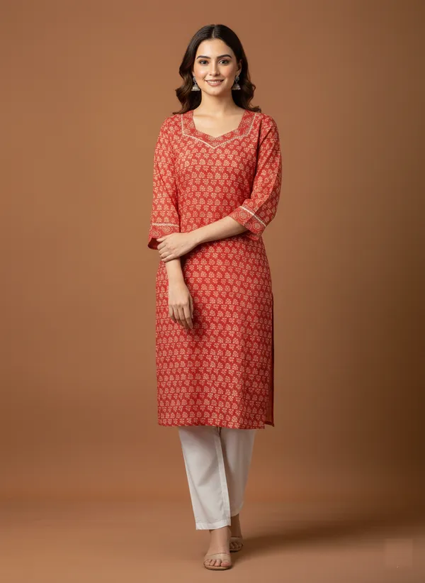 Coral_Block_Print_Cotton_V-Neck_Kurta