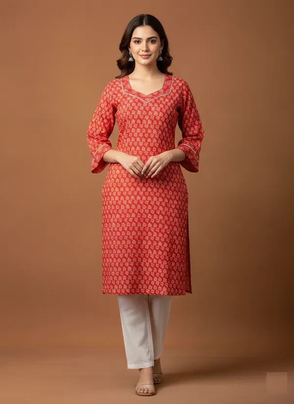 Coral_Block_Print_Cotton_V-Neck_Kurta